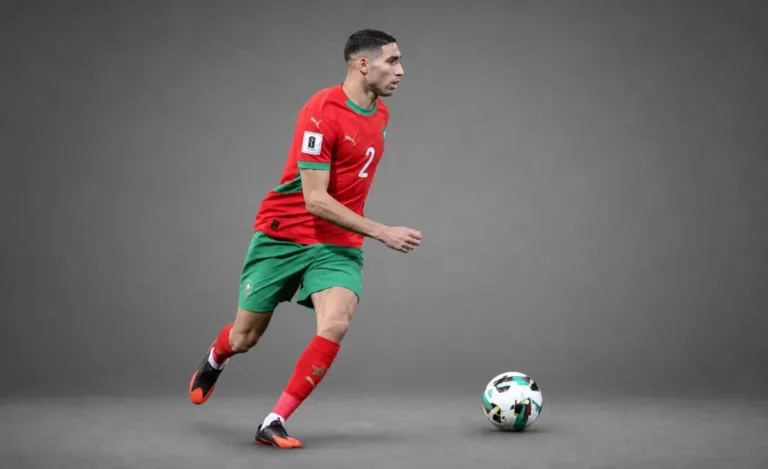 Achraf Hakimi Morocco 2026 player profile, studio portrait in national team style