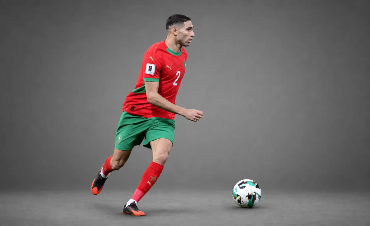 Achraf Hakimi Morocco 2026 player profile, studio portrait in national team style
