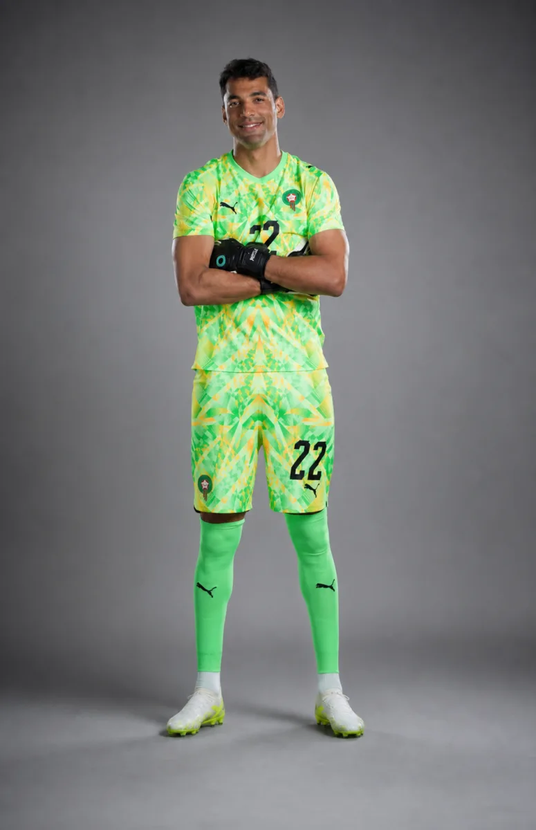 Ahmed Reda Tagnaouti Morocco 2026 player profile, studio portrait in national team style