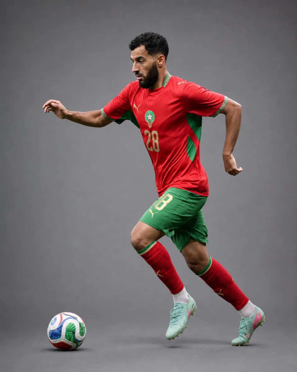 Amine Sbai Morocco 2026 player profile, studio portrait in national team style