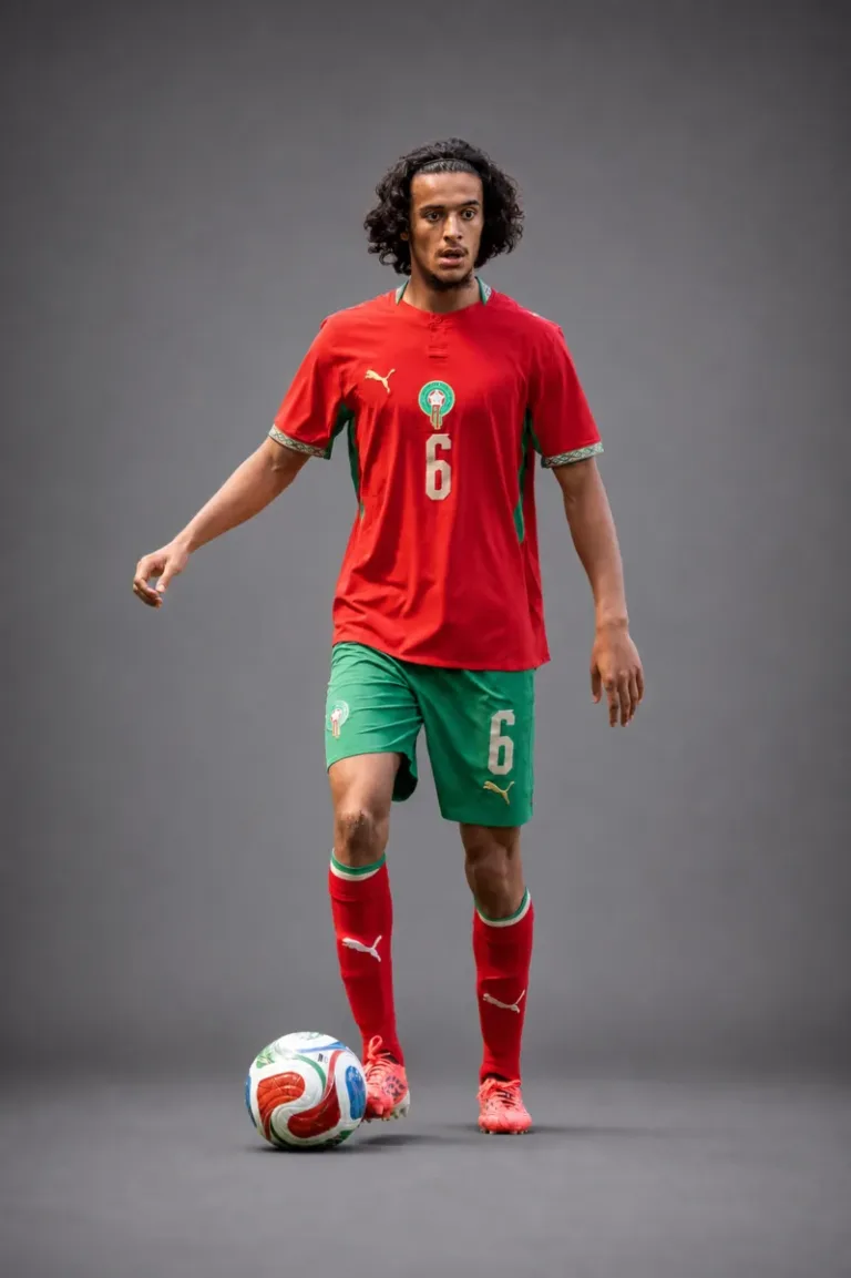 Ayyoub Bouaddi Morocco 2026 player profile, studio portrait in national team style