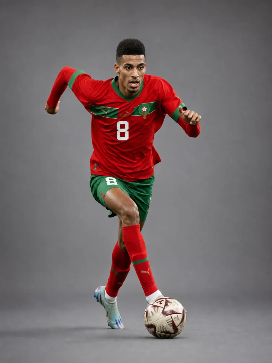 Azzedine Ounahi Morocco 2026 player profile, studio portrait in national team style