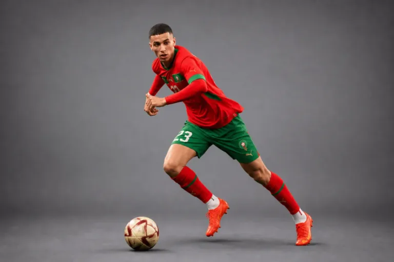 Bilal El Khannouss Morocco 2026 player profile, studio portrait in national team style