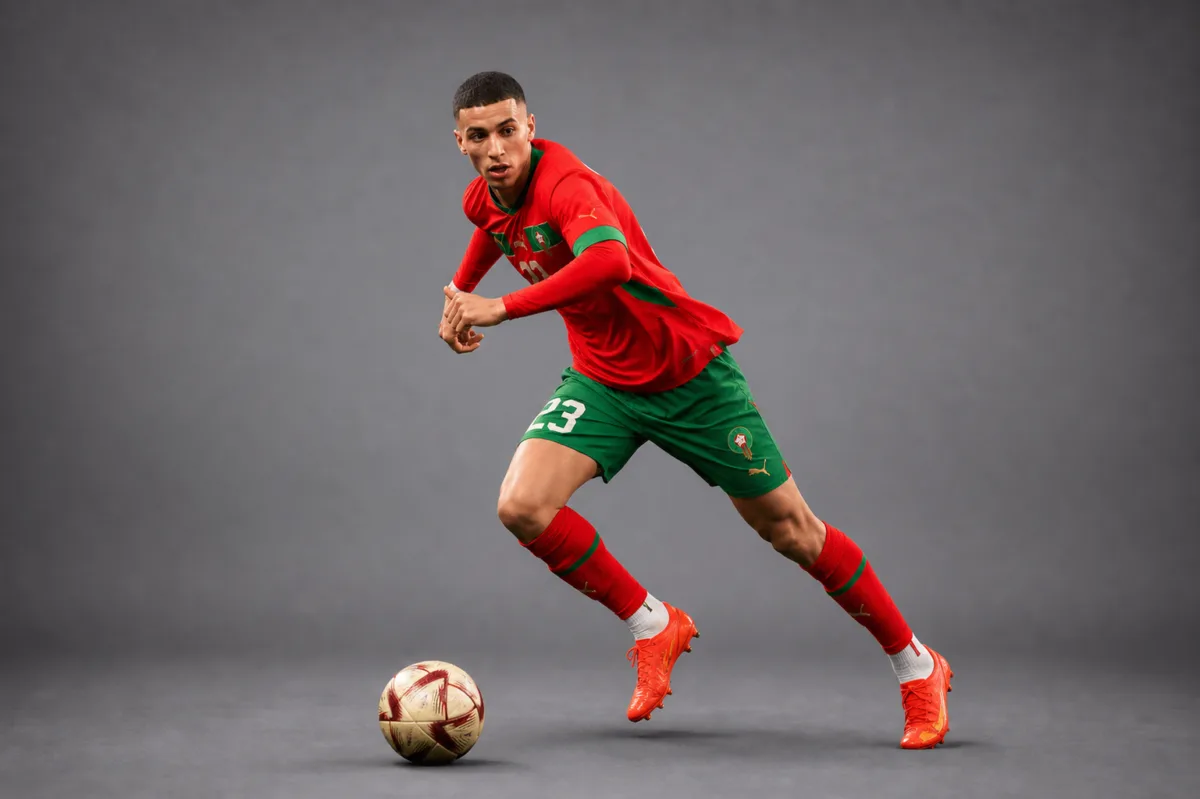 Bilal El Khannouss Morocco 2026 player profile, studio portrait in national team style