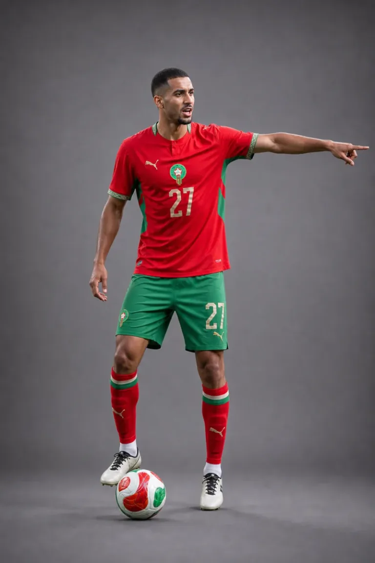 Marwane Saadane Morocco 2026 player profile, studio portrait in national team style