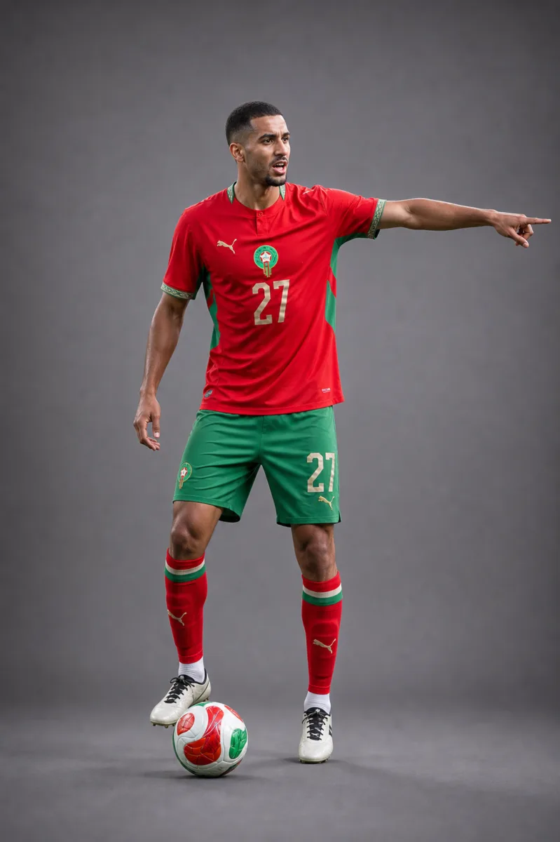 Marwane Saadane Morocco 2026 player profile, studio portrait in national team style