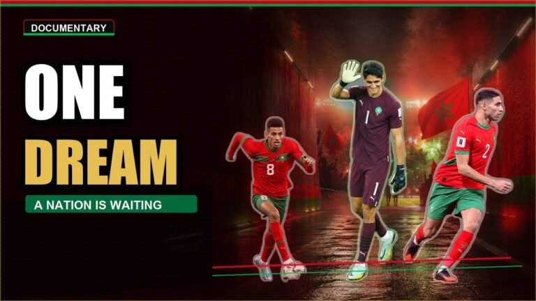 Morocco 2026 documentary visual with national team players and one team one dream theme