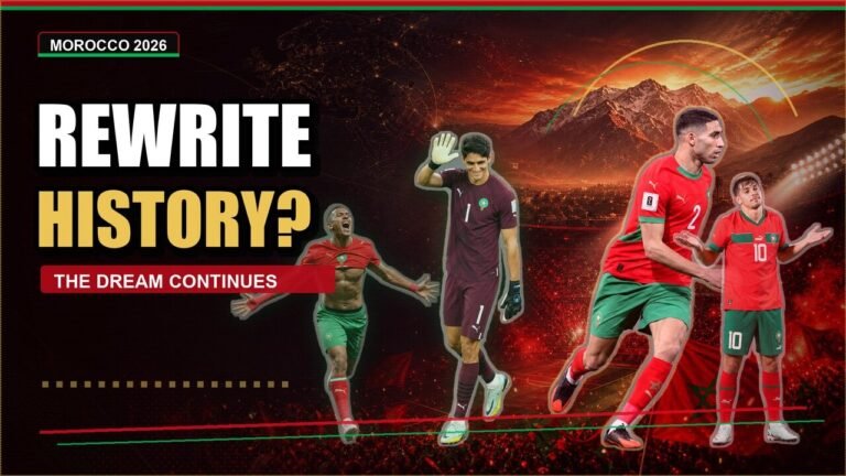 Morocco 2026 national team group stage visual with rewrite history theme