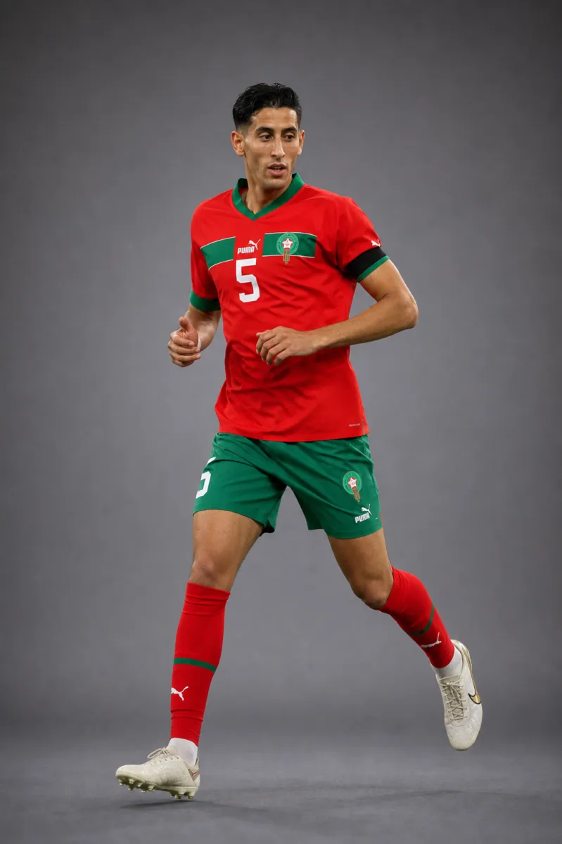Nayef Aguerd Morocco 2026 player profile, studio portrait in national team style