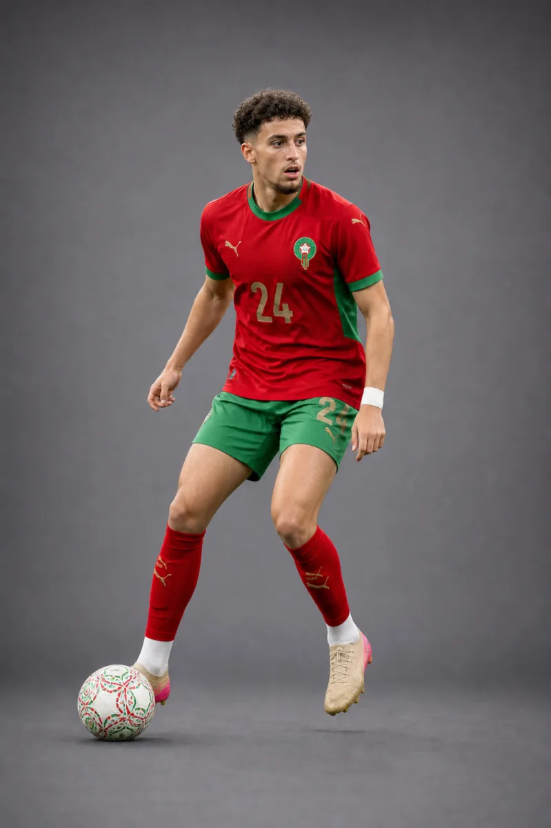 Neil El Aynaoui Morocco 2026 player profile, studio portrait in national team style