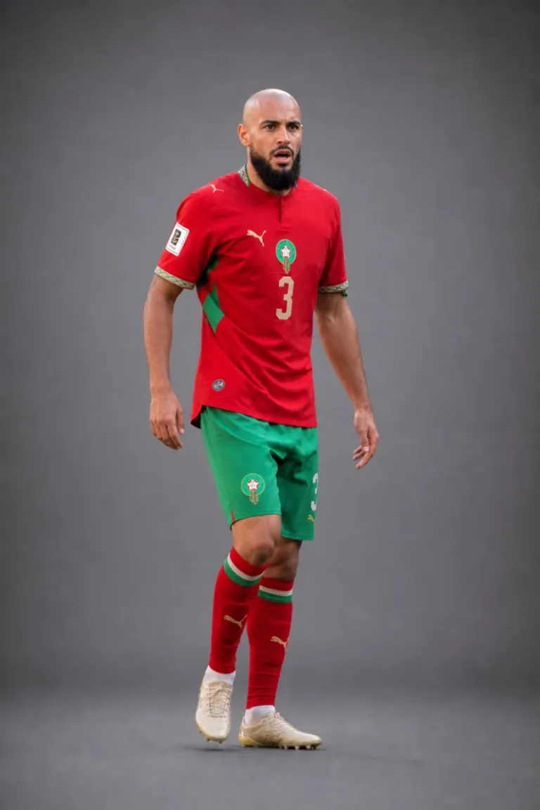 Noussair Mazraoui Morocco 2026 player profile, studio portrait in national team style