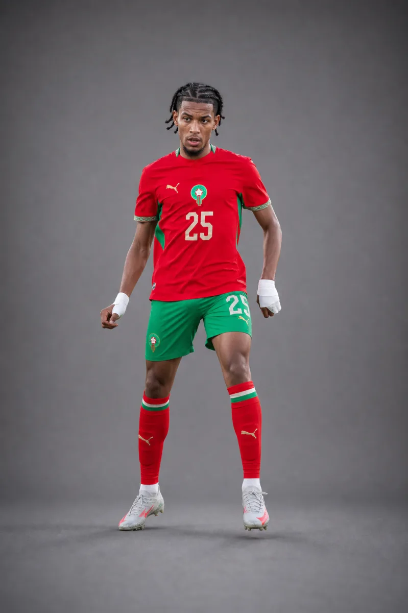 Redouane Halhal Morocco 2026 player profile, studio portrait in national team style