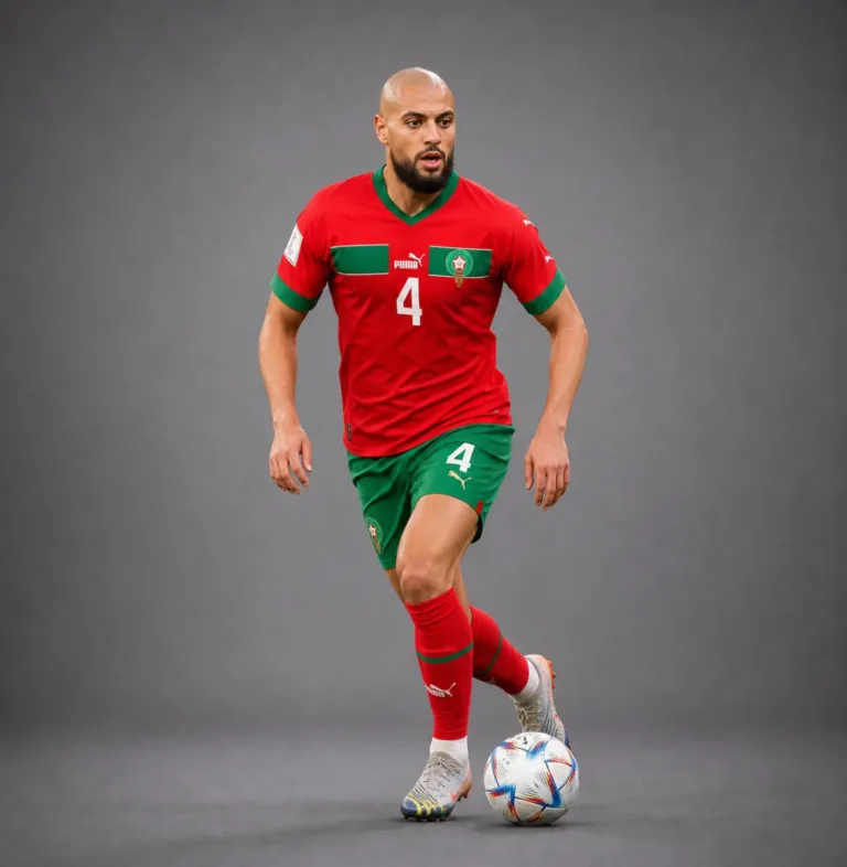 Sofyan Amrabat Morocco 2026 player profile, studio portrait in national team style