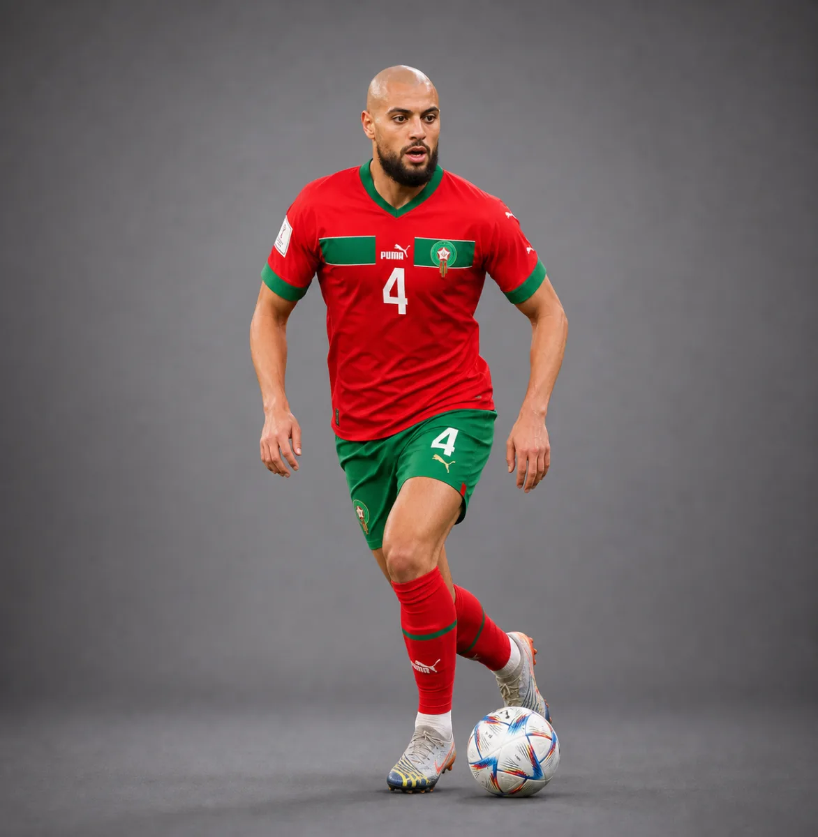 Sofyan Amrabat Morocco 2026 player profile, studio portrait in national team style