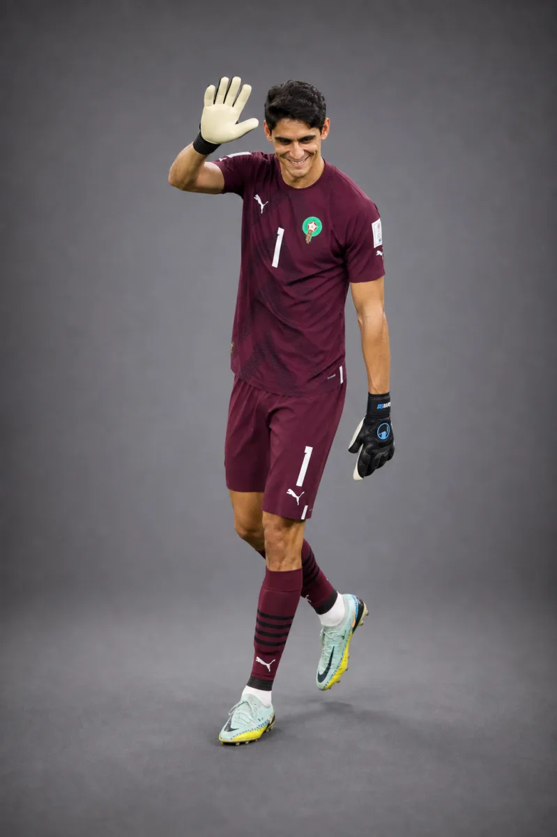 Yassine Bounou Morocco 2026 player profile, studio portrait in national team style