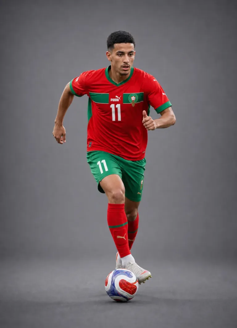 Zakaria El Ouahdi Morocco 2026 player profile, studio portrait in national team style