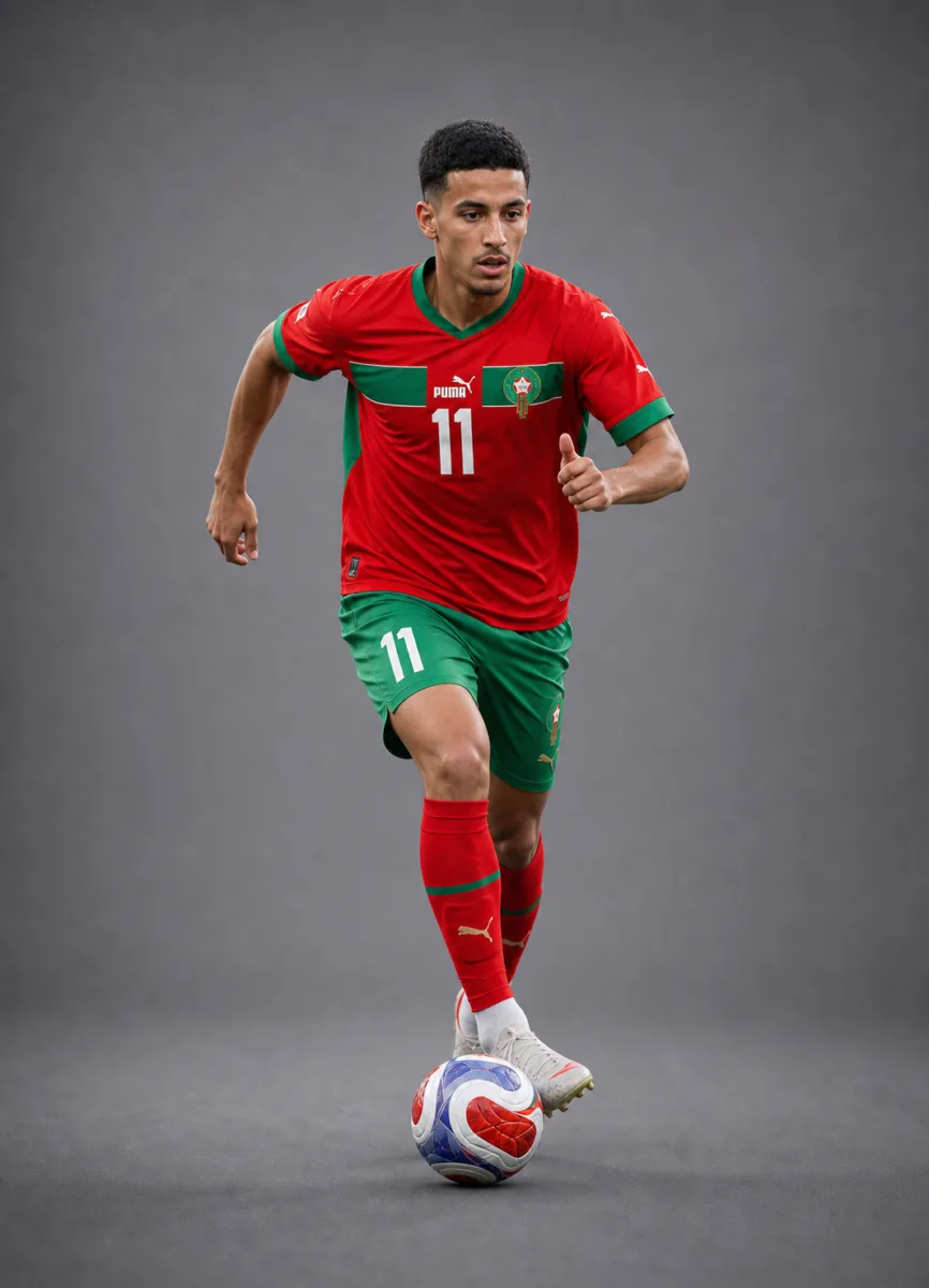 Zakaria El Ouahdi Morocco 2026 player profile, studio portrait in national team style