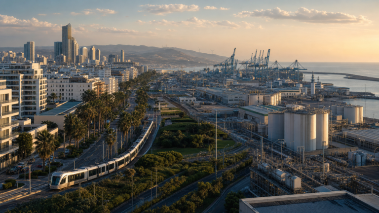 Moroccan urban, rail, port and industrial infrastructure at golden hour