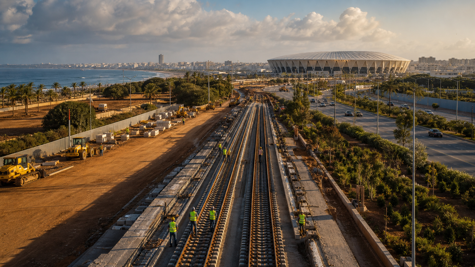 Rail infrastructure works leading toward a modern Moroccan stadium