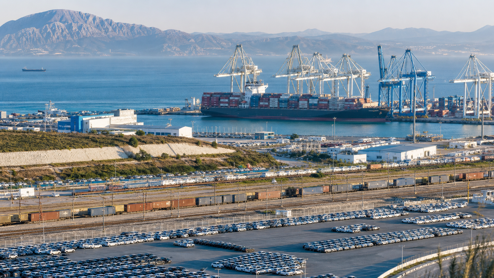 Tanger Med port, rail sidings and automotive logistics seen from above