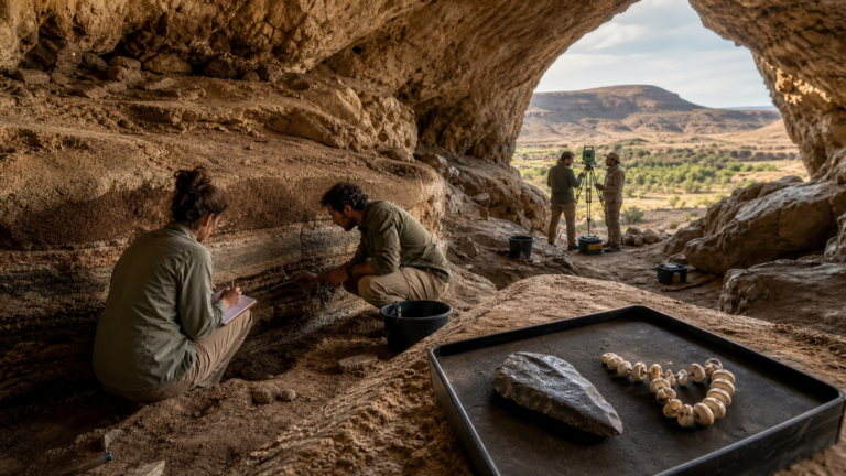Archaeologists documenting a Moroccan cave excavation with stone tools and shell beads