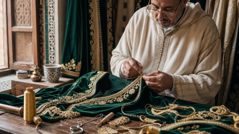 Moroccan craftsperson embroidering gold trim onto an emerald caftan