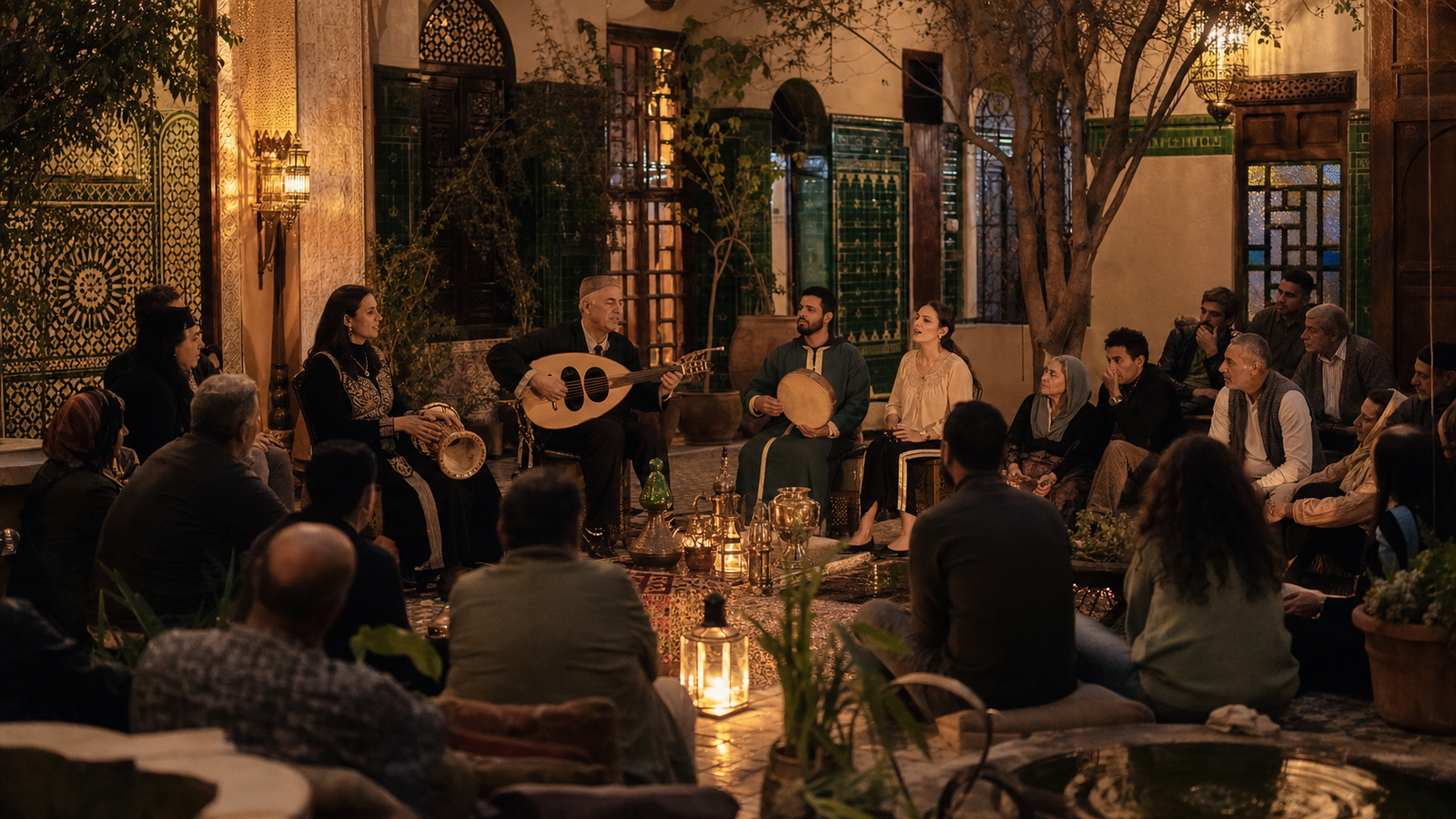 Malhun musicians performing for a small audience in a Moroccan riad courtyard
