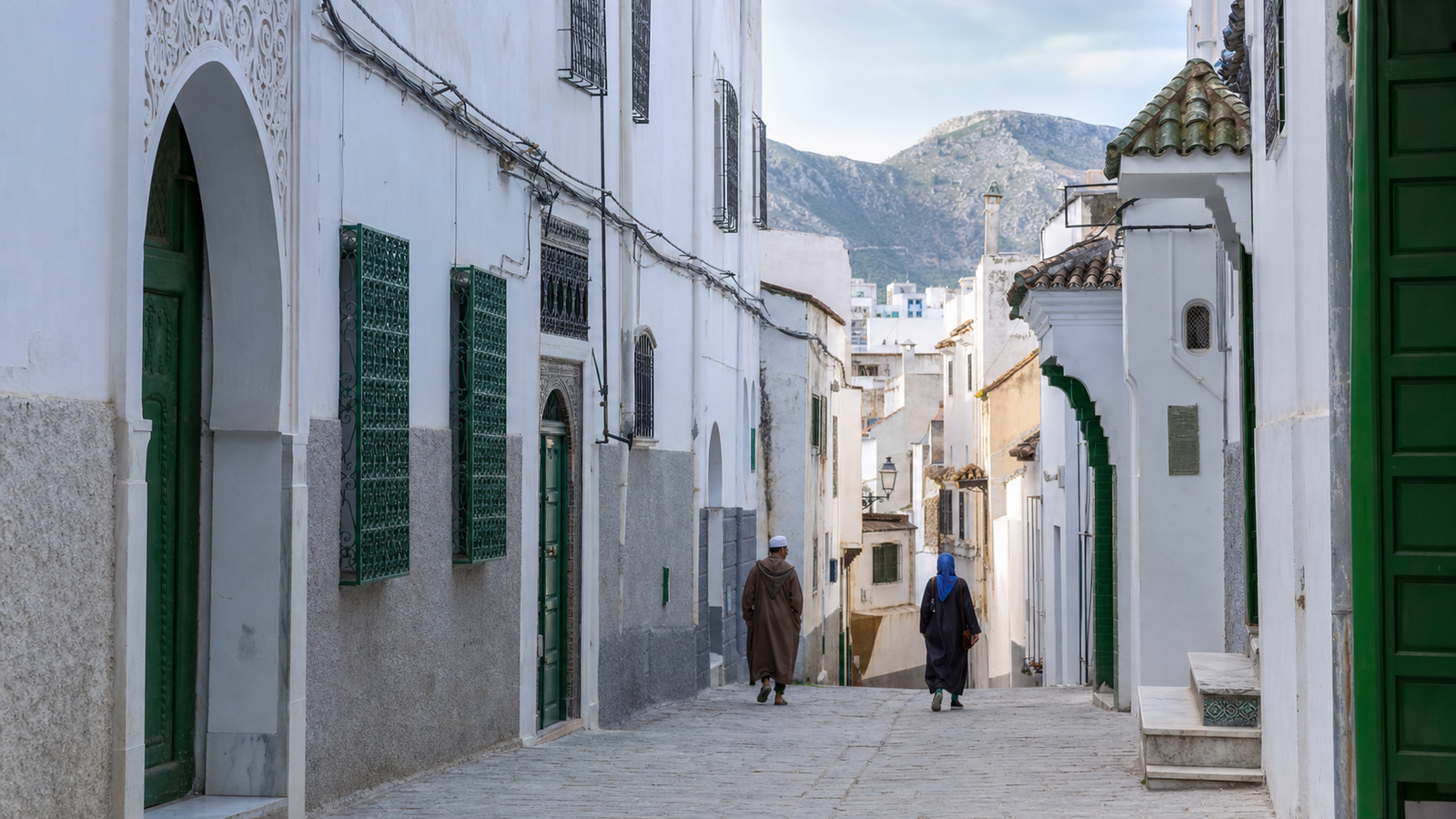 Whitewashed lane with green doors in Tétouan's medina and mountains beyond