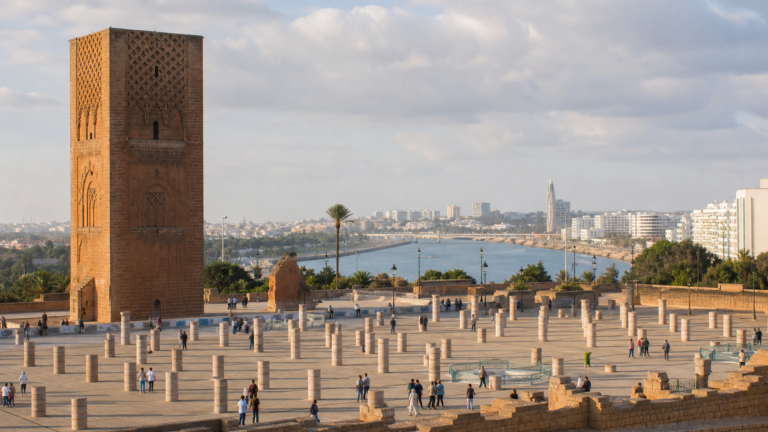 Hassan Tower, archaeological columns, Bouregreg and modern Rabat skyline