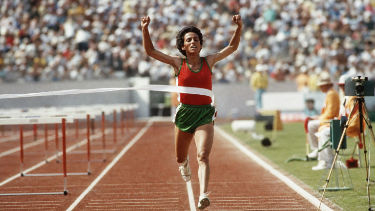 Editorial reconstruction of a Moroccan hurdler winning in Los Angeles in 1984