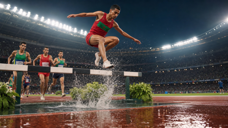 Editorial reconstruction of a Moroccan steeplechaser clearing a water jump