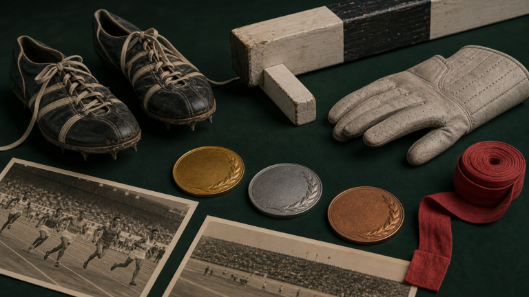 Sports-history still life with running shoes, steeplechase barrier, boxing wrap and medals