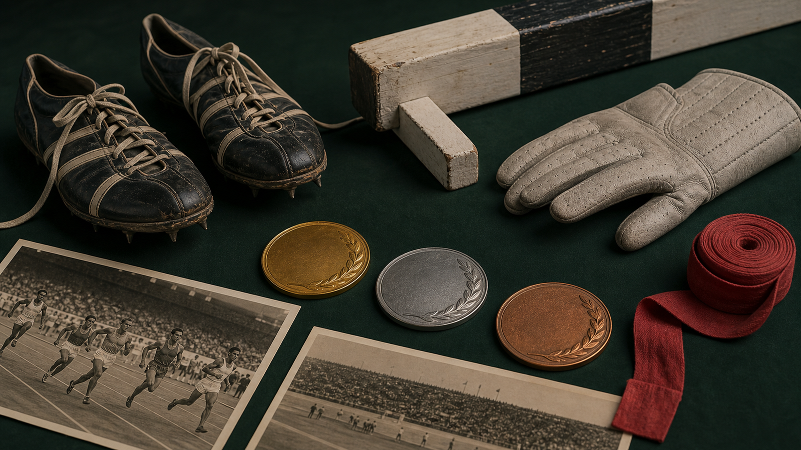 Sports-history still life with running shoes, steeplechase barrier, boxing wrap and medals