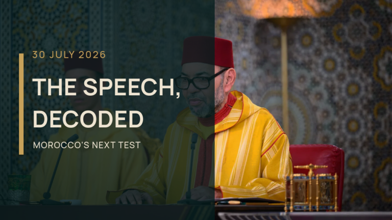 King Mohammed VI delivering the 2026 Throne Day address, with MoroccoNation editorial title treatment.