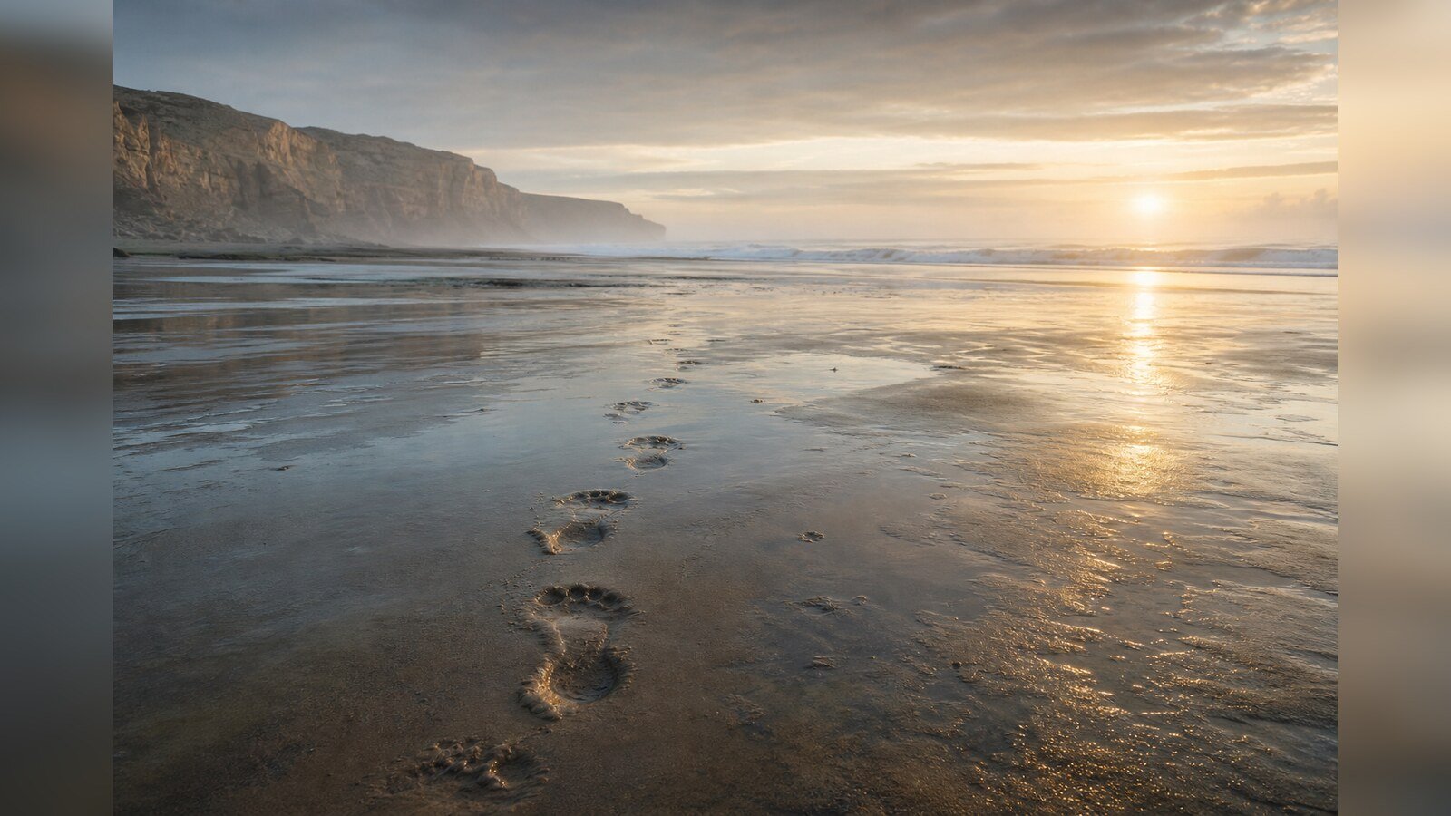 Artistic reconstruction of ancient human footprints crossing a beach near Larache, Morocco