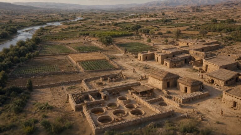 Artistic reconstruction of a Final Neolithic farming settlement at Oued Beht in Morocco